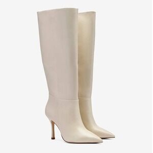 LARROUDE Kate Cream Knee High Pointed toe Leather Boots Stiletto Heel NWOB 9